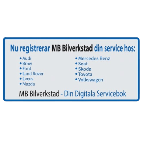 MB Bilverkstad registrerar din service hos Audi, BMW, Ford, Land Rover, Lexus, Mazda, Mercedes Benz, Seat, Skoda, Toyota och Volkswagen — Din digitala servicebok